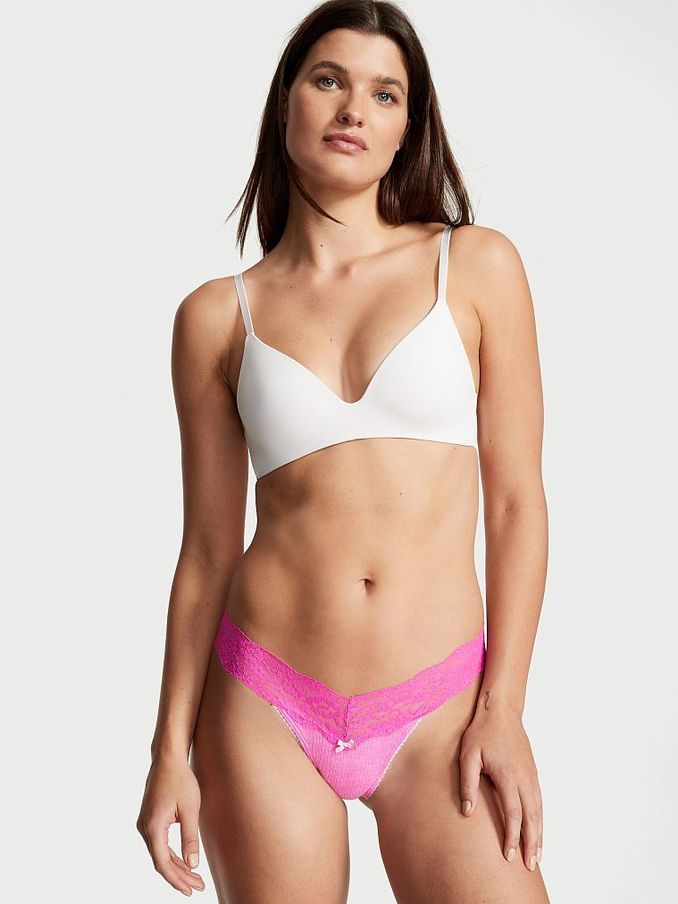 Summer Pink Cotton Lace Waist Thong Knickers (Q15131) | £3