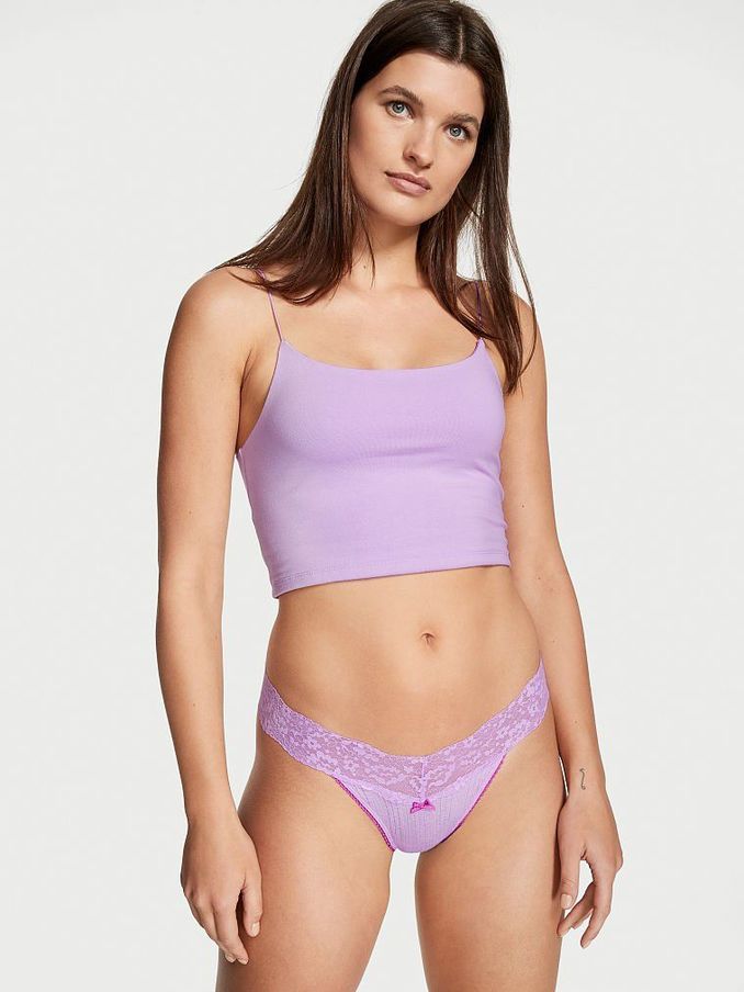 Petal Purple Cotton Lace Waist Thong Knickers (Q15140) | £3