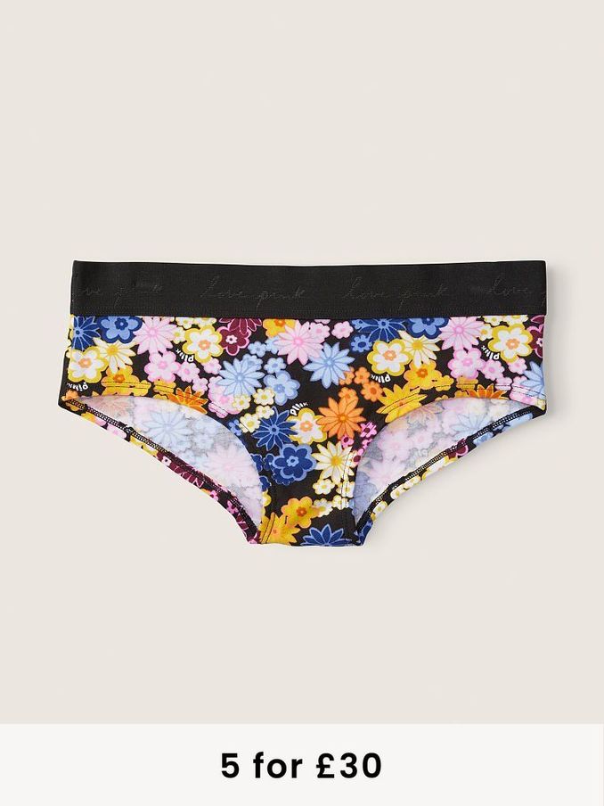 Pure Black Floral Print Black Cotton Logo Hipster Knickers (Q19344) | £4