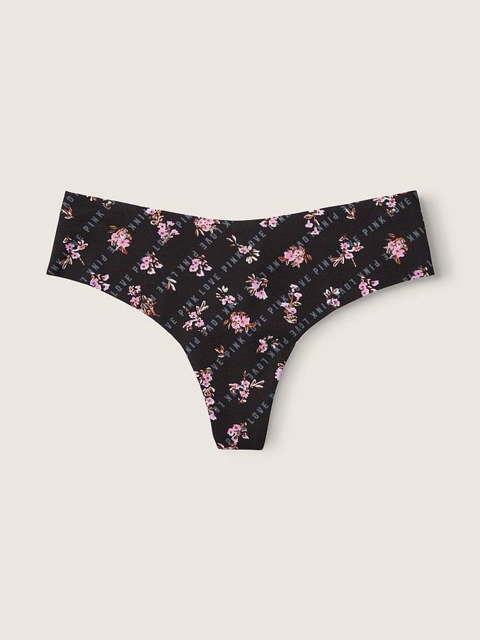 Logo Floral Print Pure Black No Show Thong Knickers (Q19450) | £4