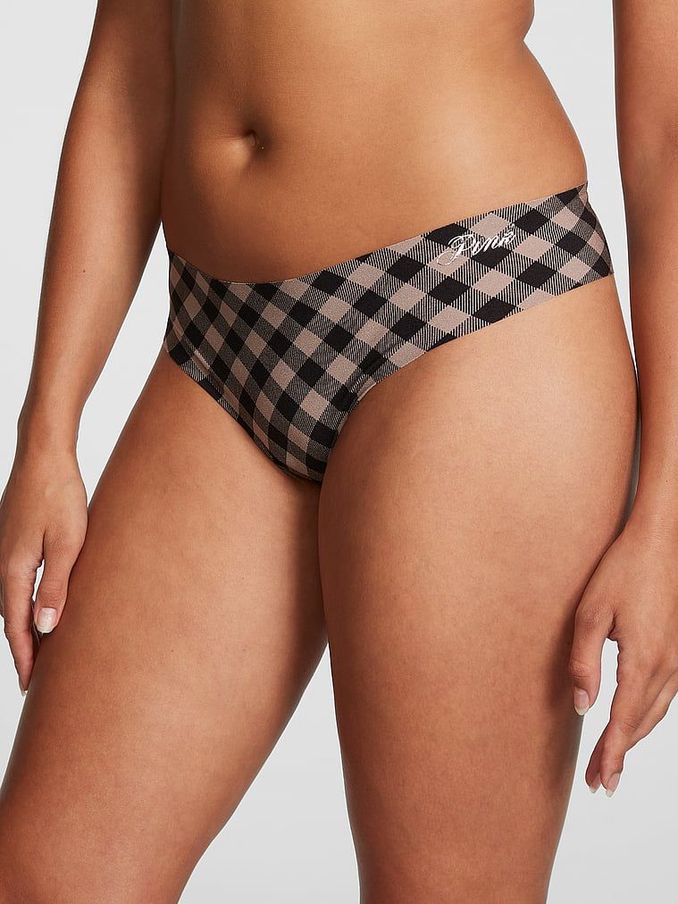 Iced Coffee Brown Plaid No Show Thong Knickers (Q19700) | £4