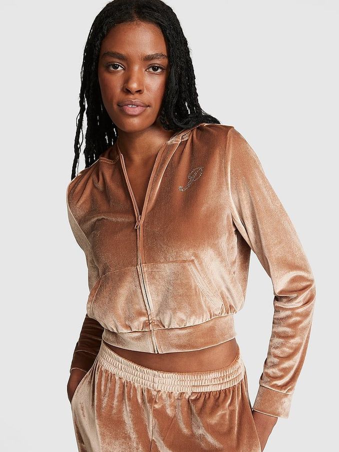 Caramel Kiss Brown Velour Logo Shine Hoodie (Q19776) | £25