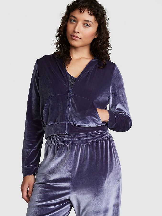 Midnight Navy Blue Velour Logo Shine Hoodie (Q19777) | £25
