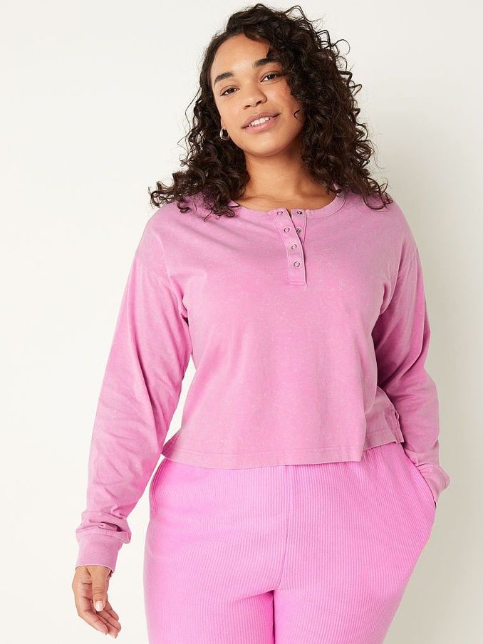 Pink Bloom Cotton Cropped Long Sleeve Campus Henley TShirt (Q19890) | £10