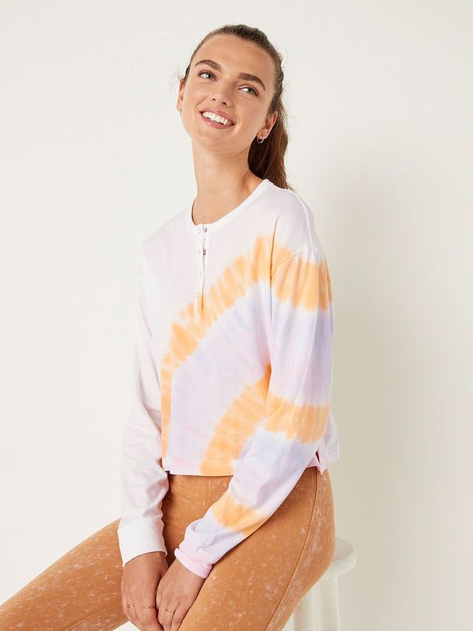 White With Placed Tie Dye Cotton Cropped Long Sleeve Campus Henley TShirt (Q19891) | £10