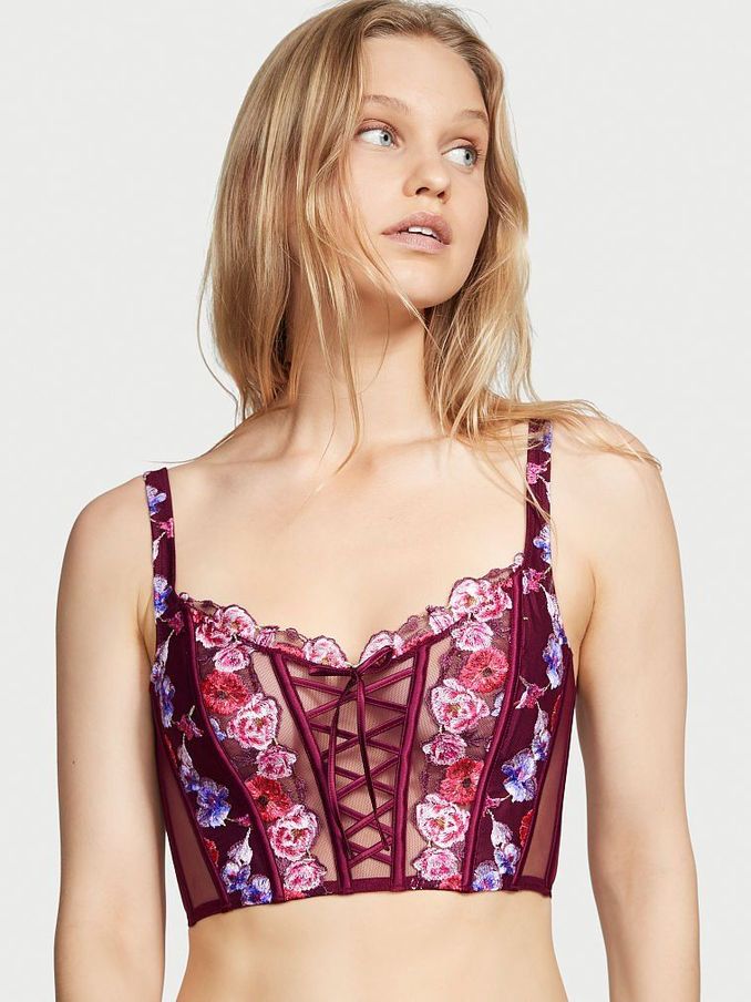 Burgundy Purple Embroidered Unlined Non Wired Corset Bra Top (Q20136) | £15