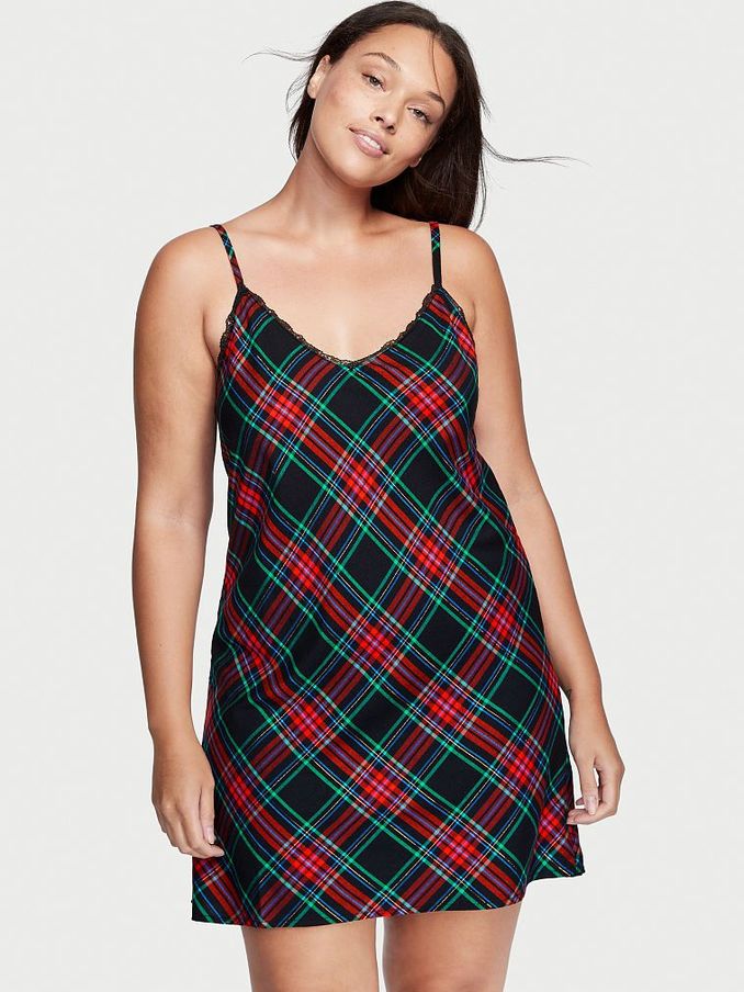 Red Green Black Plaid V Neck Slip Dress (Q20412) | £15