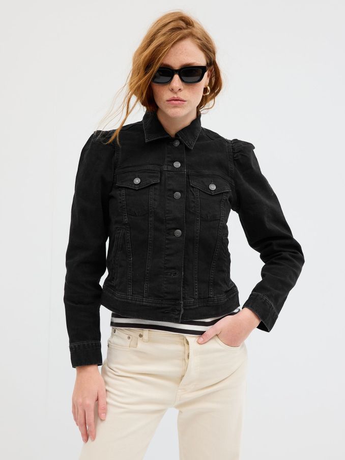 Black Puff Sleeve Denim Jacket (Q21031) | £30