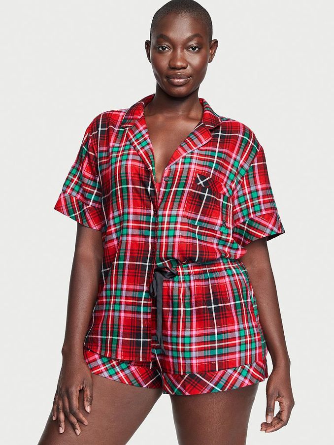 Lipstick Red Plaid Flannel Short Pyjamas (Q22046) | £31