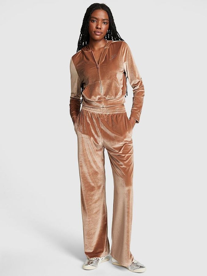Caramel Kiss Brown Velour Wide Leg Logo Jogger (Q22685) | £25