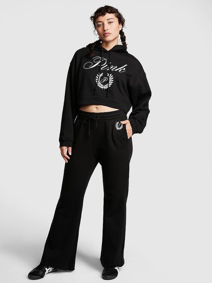 Pure Black Fleece Wide Leg High Waist Jogger (Q22695) | £22