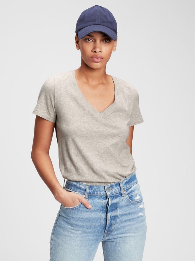 Grey Vintage 100% Organic Cotton V Neck Short Sleeve T-Shirt (Q23125) | £18