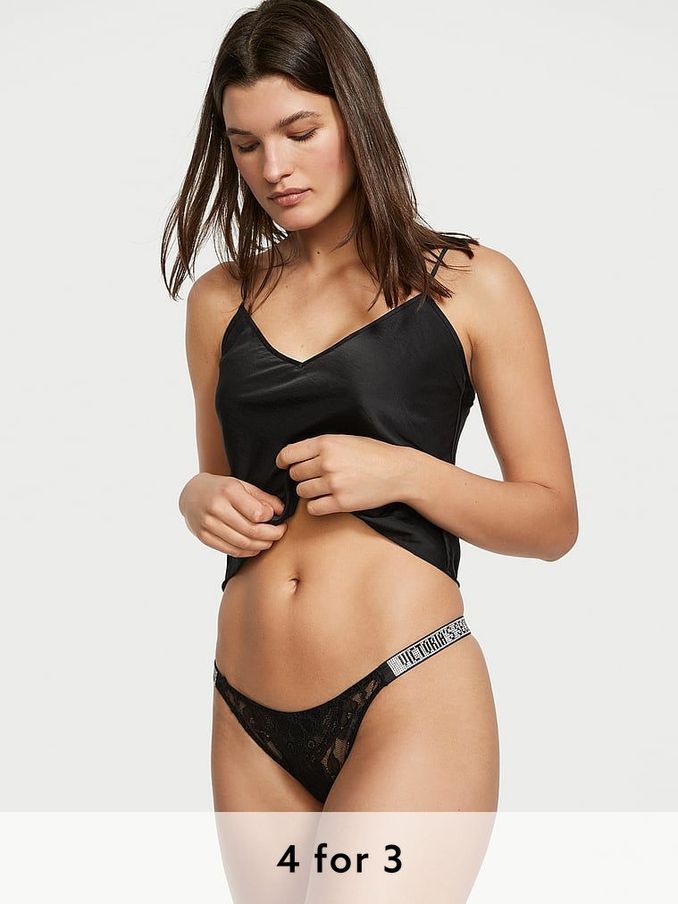 Black Lace Shine Strap Crotchless Brazilian Knickers (Q24516) | £20
