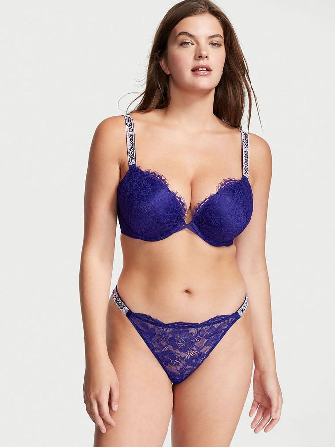 Night Ocean Blue Lace Thong Shine Strap Knickers (Q24517) | £10