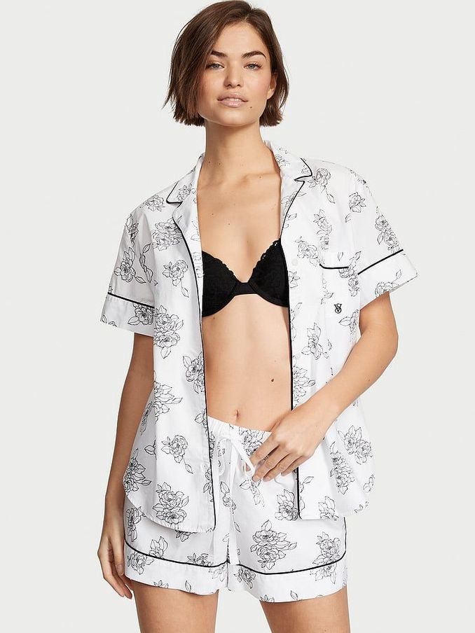 White Outline Floral Cotton Pyjama Short Pyjamas Set (Q26788) | £19