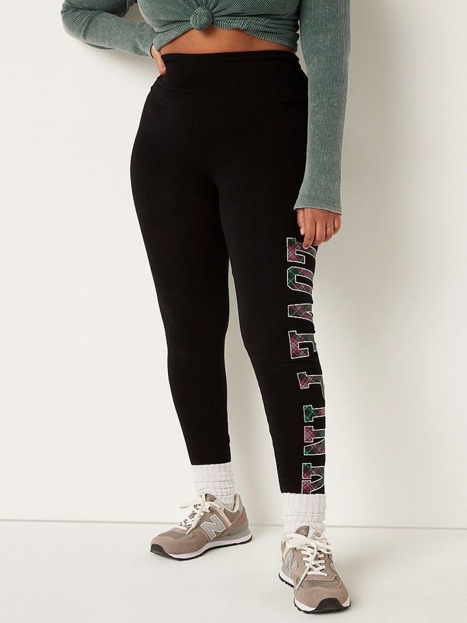 Pure Black with Plaid Logo Cotton High Waist Leggings (Q26846) | £20