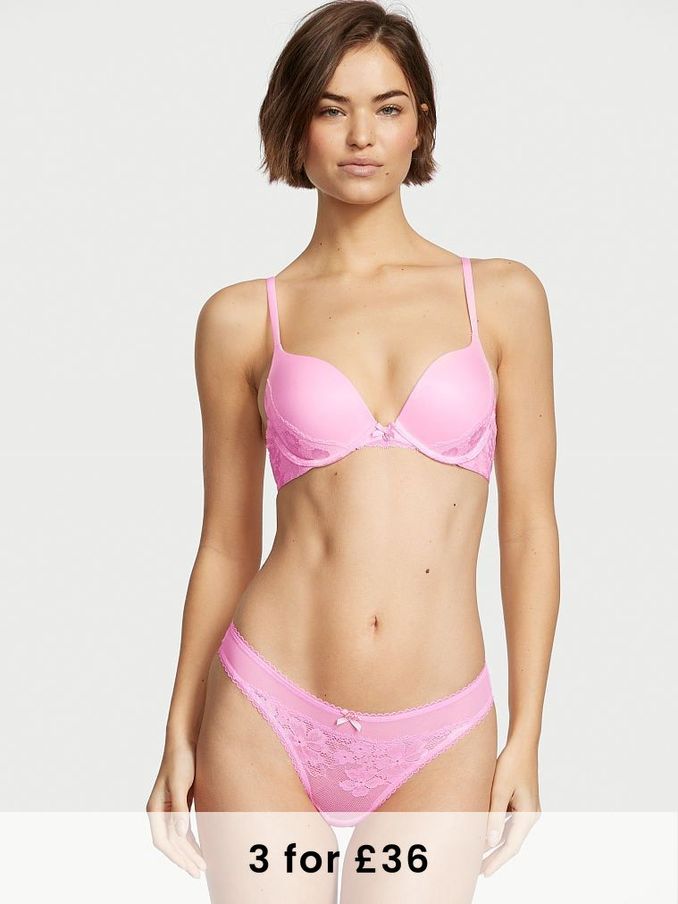 Chiffon Pink Lace Thong Knickers (Q27222) | £6