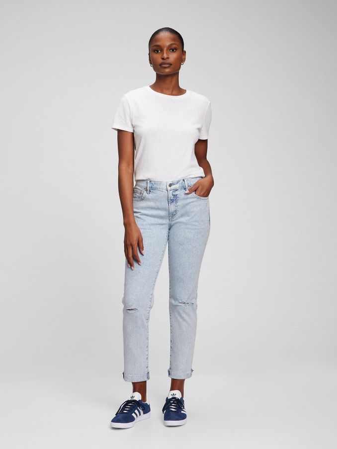 Light Wash Blue Mid Rise Rip Knee Girlfriend Jeans (Q27874) | £18