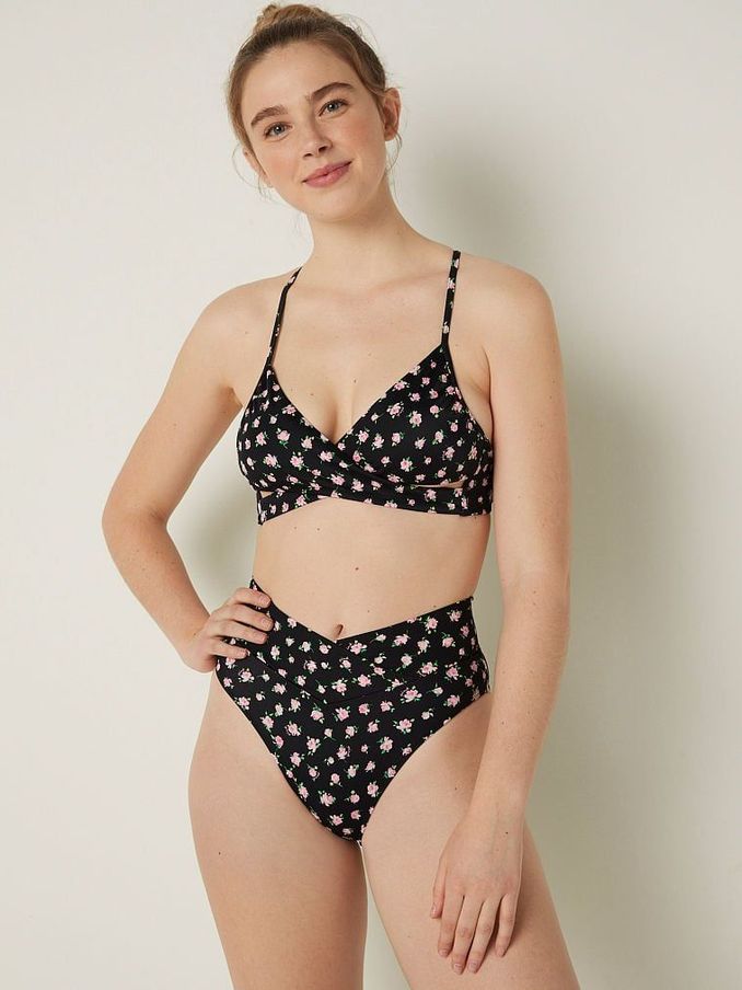 Pure Black Floral Cross Over Bikini Bottom (Q30471) | £4