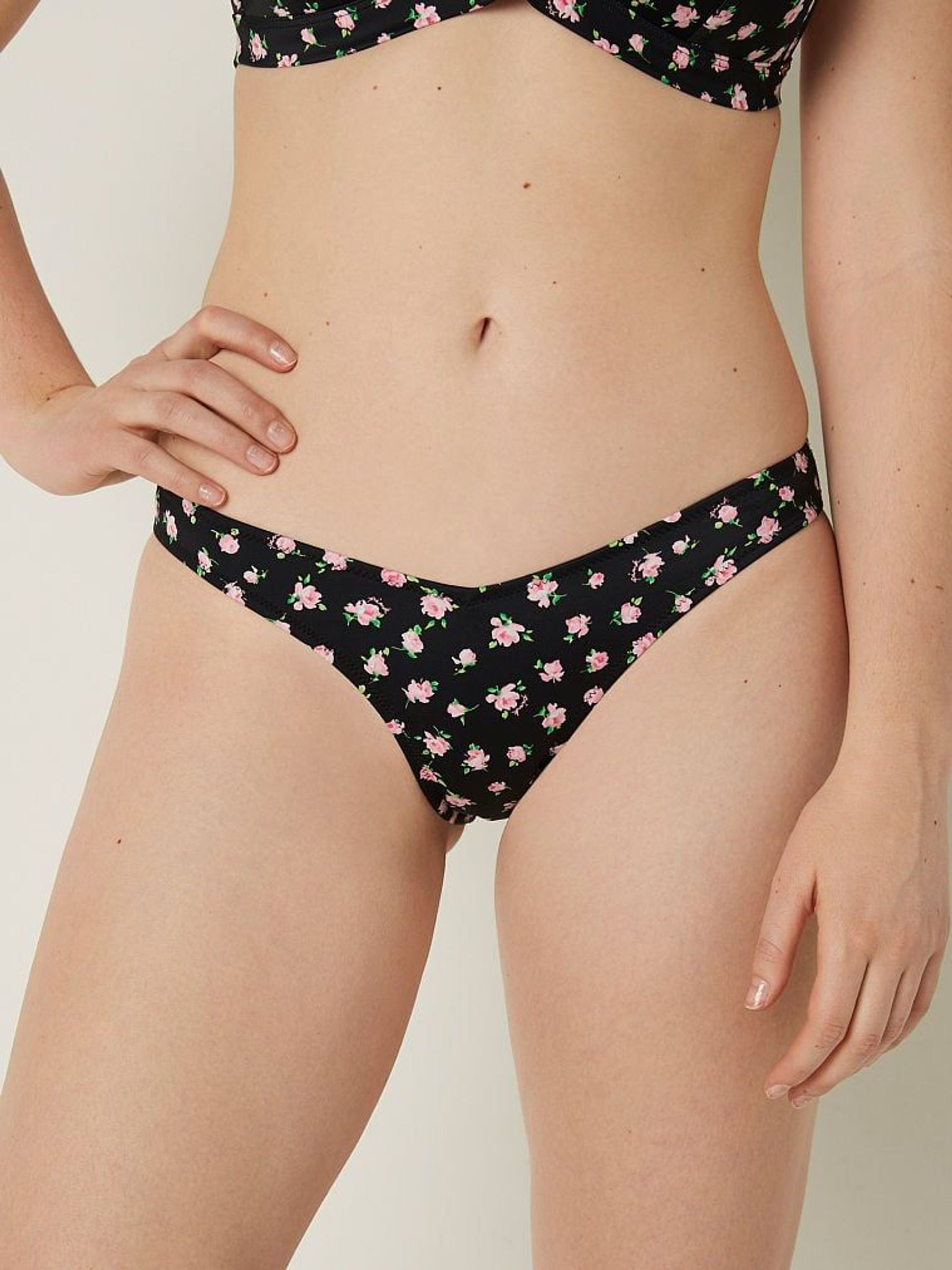 Pure Black Floral Brazilian Bikini Bottom (Q30472) | £12