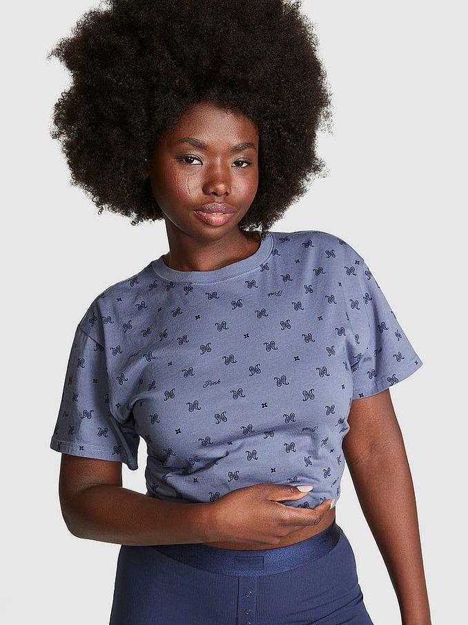 Dusty Iris Blue Print Short Sleeve Oversized Campus T-Shirt (Q31238) | £10