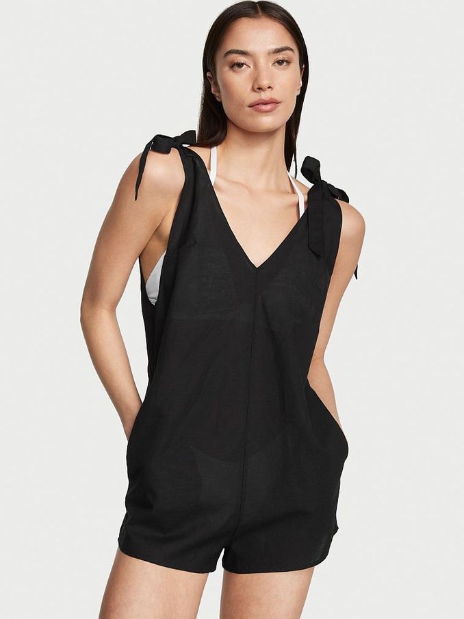 Black Linen Playsuit Cover Up (Q32575) | £22
