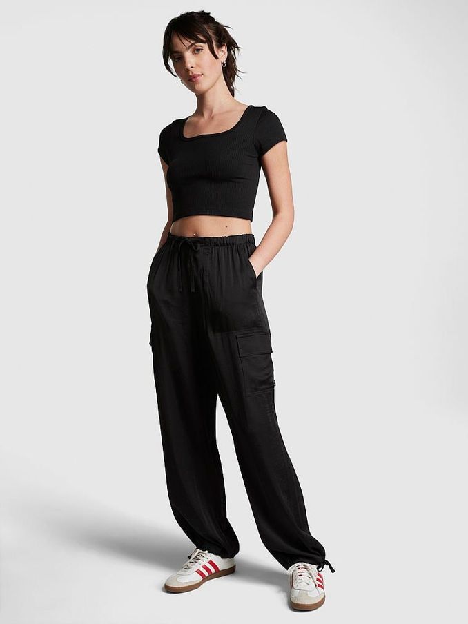 Pure Black Satin Parachute Trousers (Q36894) | £25