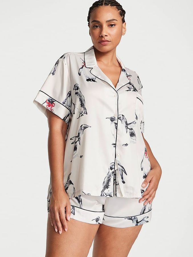 Coconut White Penguins Satin Short Pyjamas (Q40359) | £32
