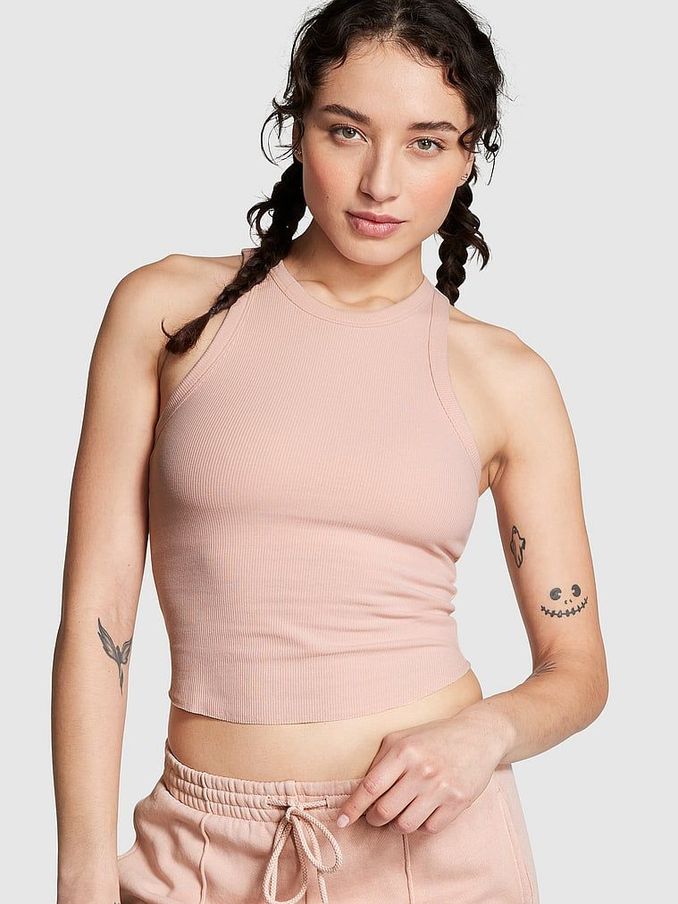 Wanna Be Pink High Neck Shrunken Rib Tank Top (Q43136) | £9