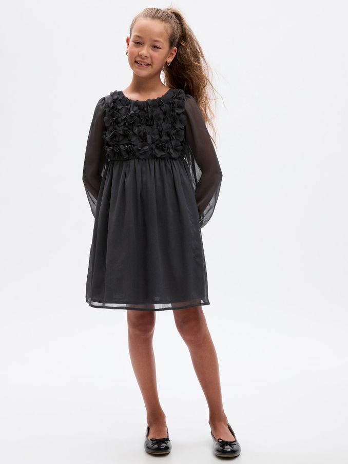 Grey to Black Long Sleeve Flower Dress (4-13yrs) (Q43261) | £14