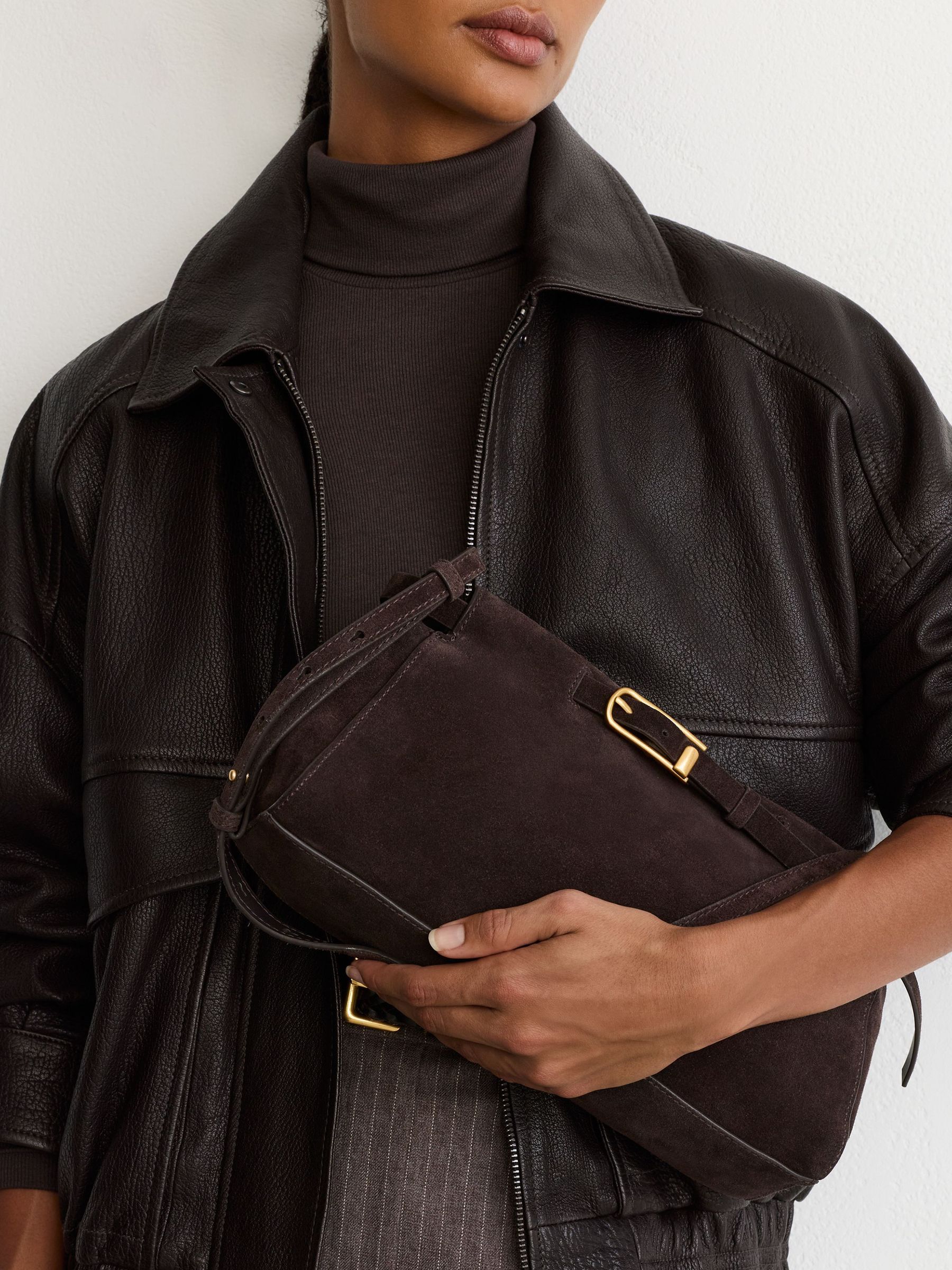 Chocolate - Suede Belted Shoulder Bag