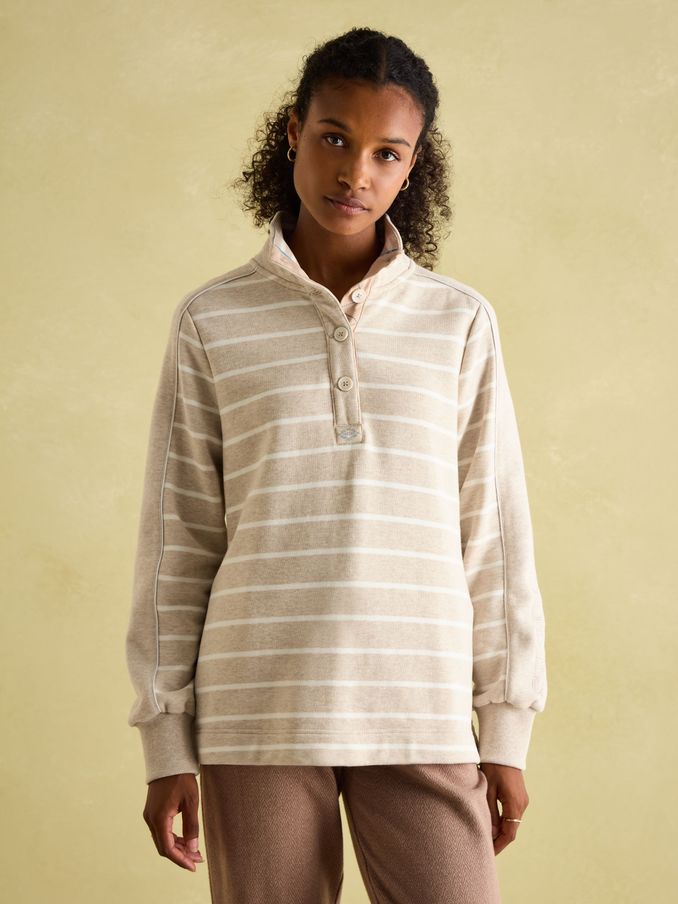 Southwold Beige & White Cotton Button Down Striped Sweatshirt (Q46167) | £59.95