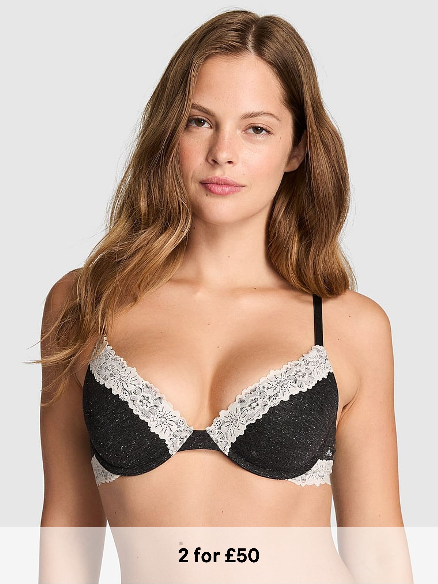 Charcoal Heather Grey - Non Wired Push Up Lace Trim Bra