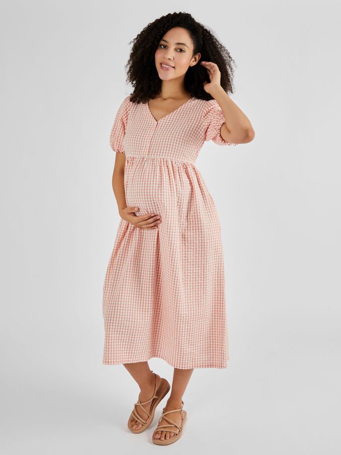 Coral Gingham Puff Sleeve Maternity Midi Dress (Q50714) | £24