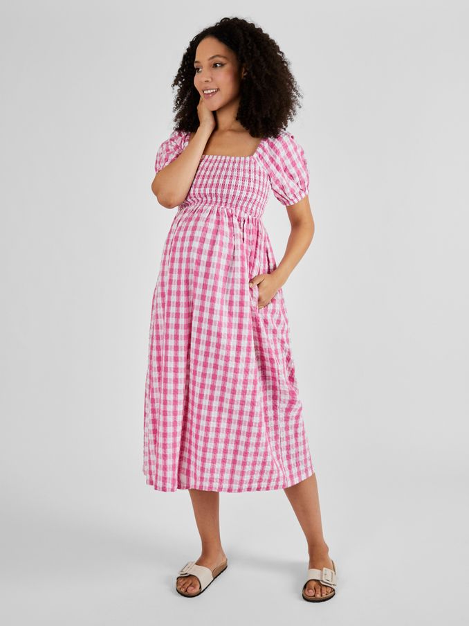 Pink Gingham Shirred Maternity Midi Dress (Q50717) | £32