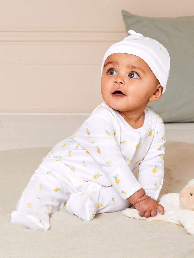 White Lemon Embroidered Cotton Baby Hat (Q50722) | £5