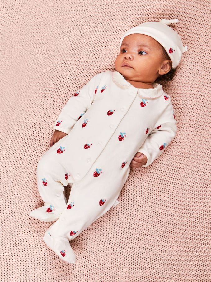 White Strawberry Embroidered Cotton Baby Hat (Q50725) | £5