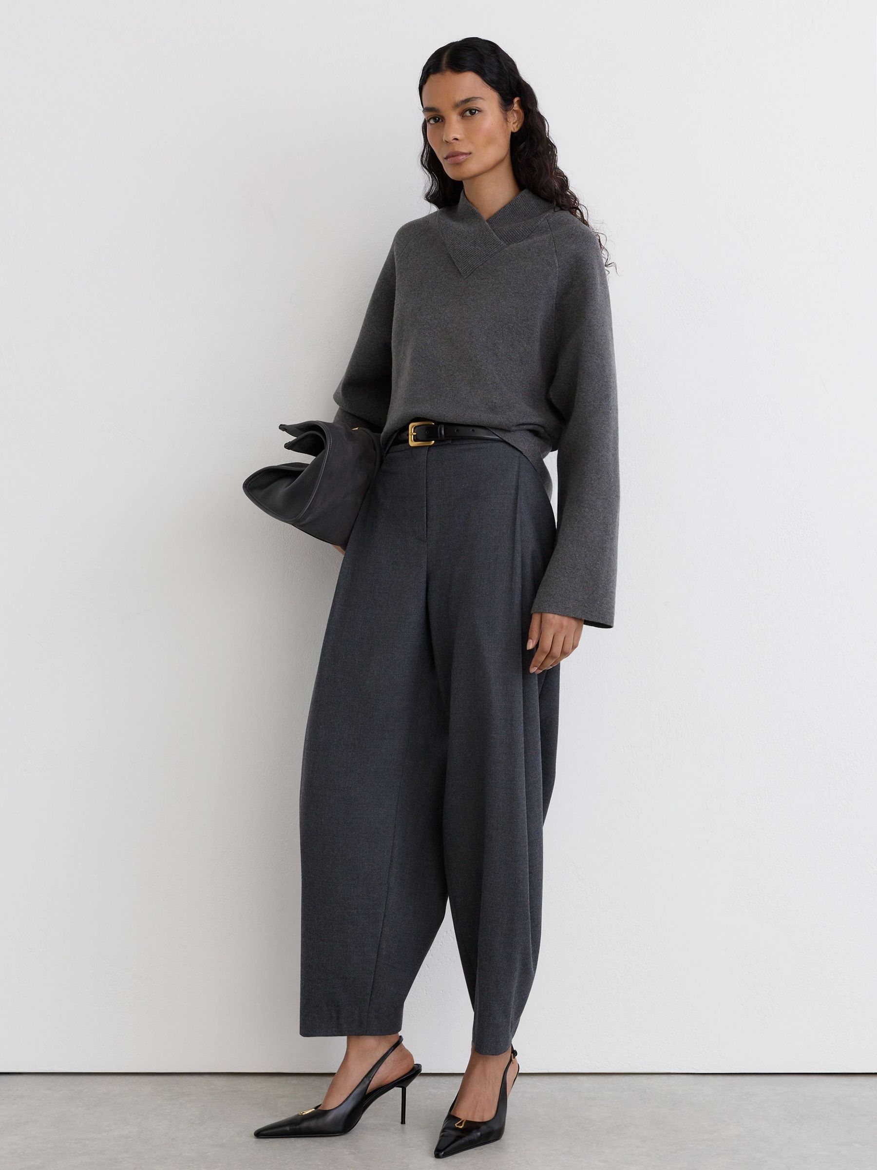Charcoal Grey - Wool-cotton Blend High V-neck Jumper