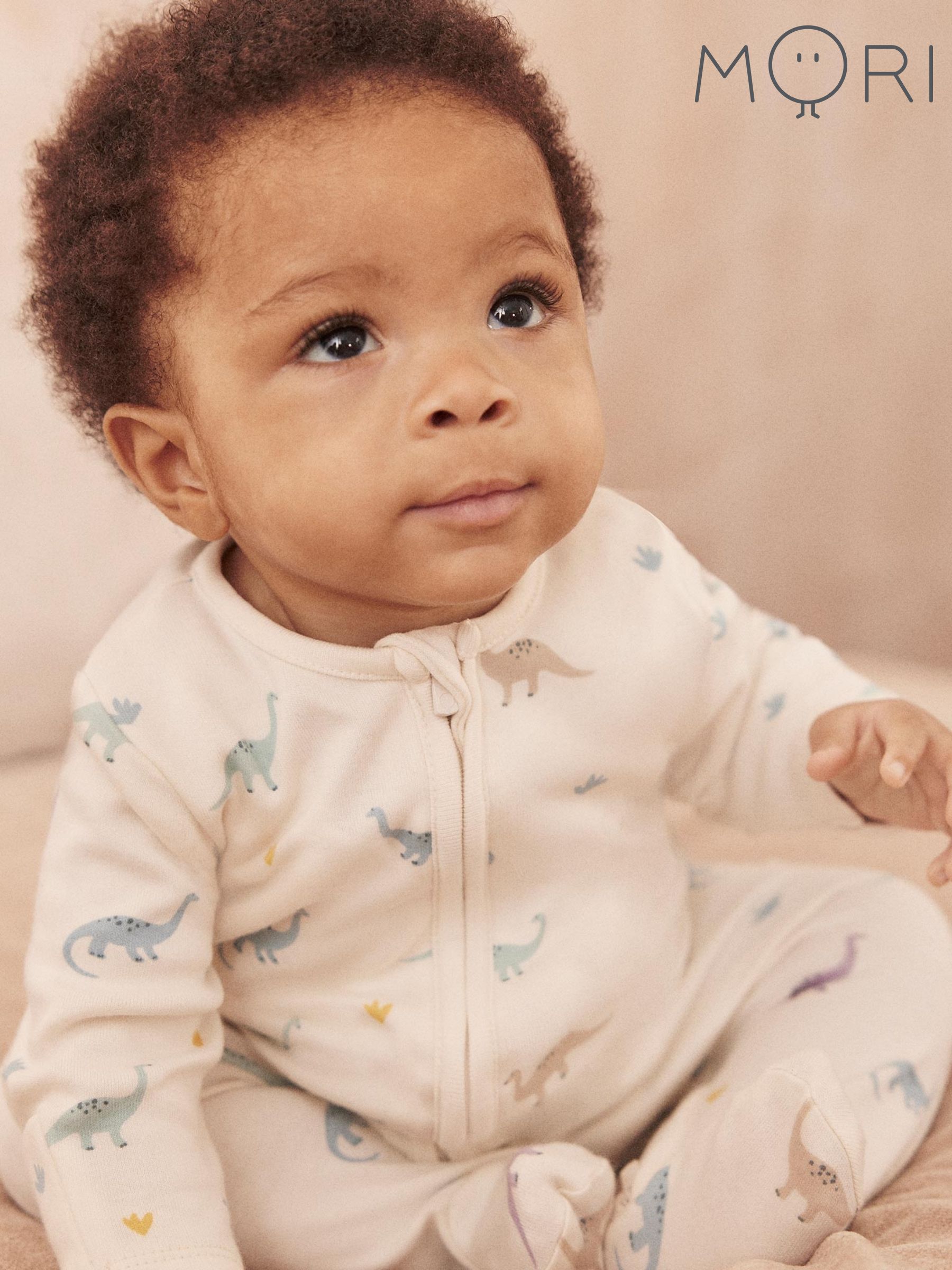 MORI Cream Dinosaur Print Supersoft 2 Way Zip-Up Sleepsuit (Q60900) | £34