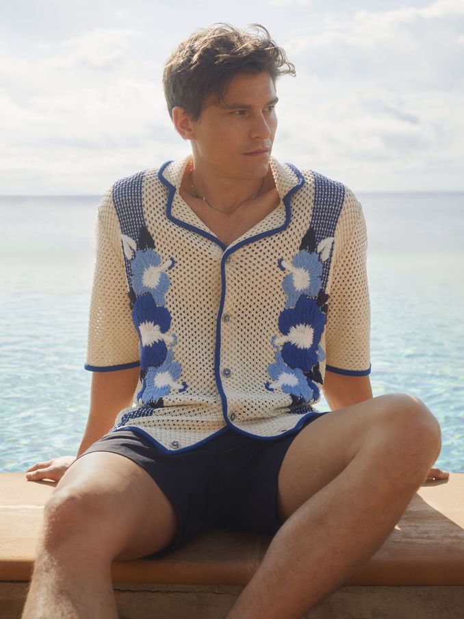 Love Ecru/Blue Ché Open-Stitch Jacquard Cuban Collar Shirt (Q60919) | £118