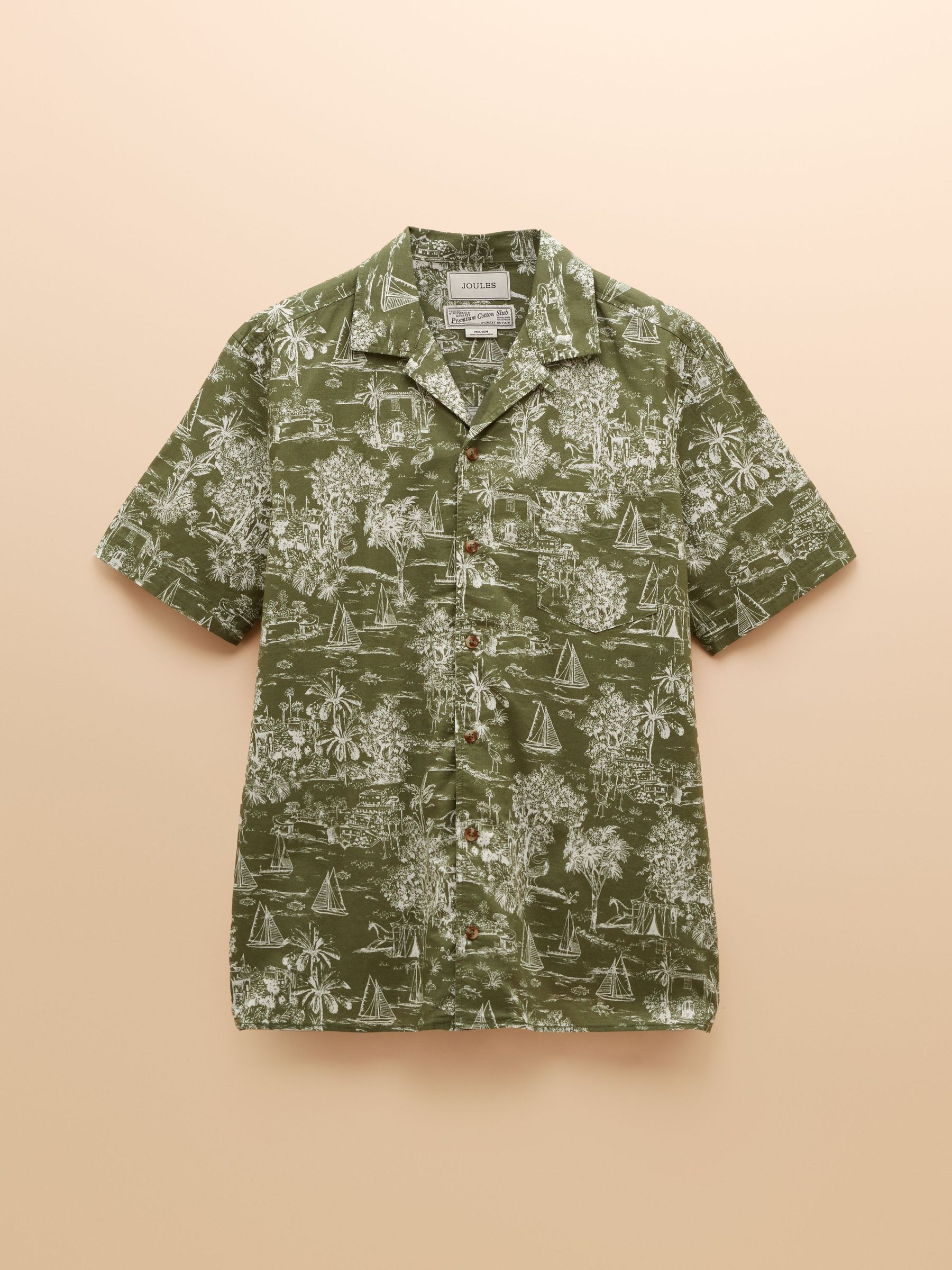 Cotton Slub Khaki Green Toile de Jouy Short Sleeve Shirt