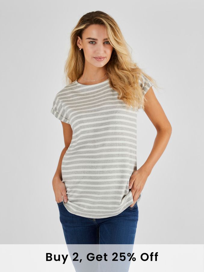 Marl Grey Cream Stripe Boyfriend Cotton Maternity T-Shirt (Q63598) | £18