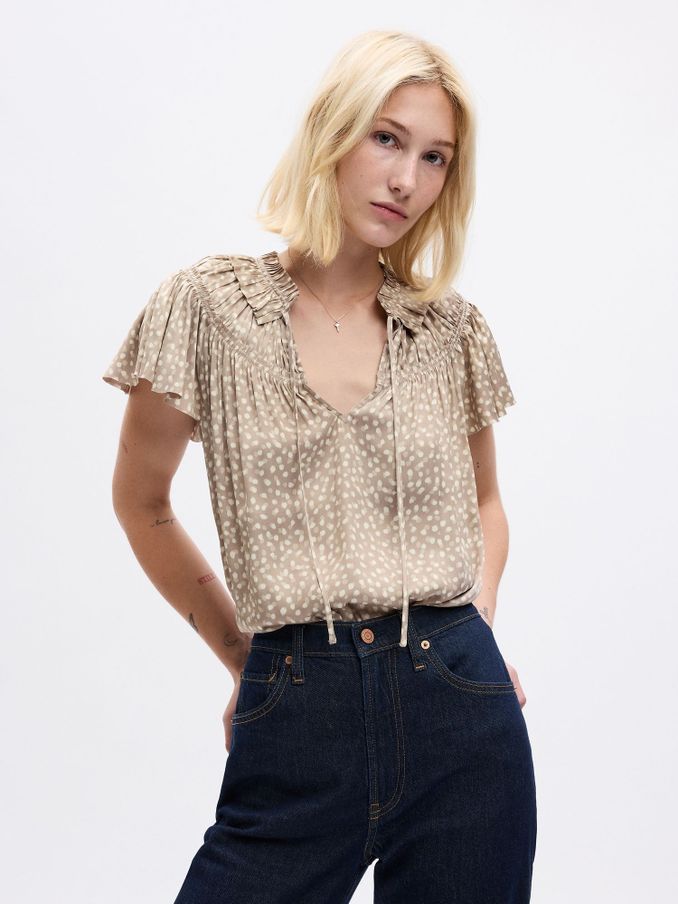 Brown Ruffle Neck Short Sleeve Blouse (Q68064) | £22