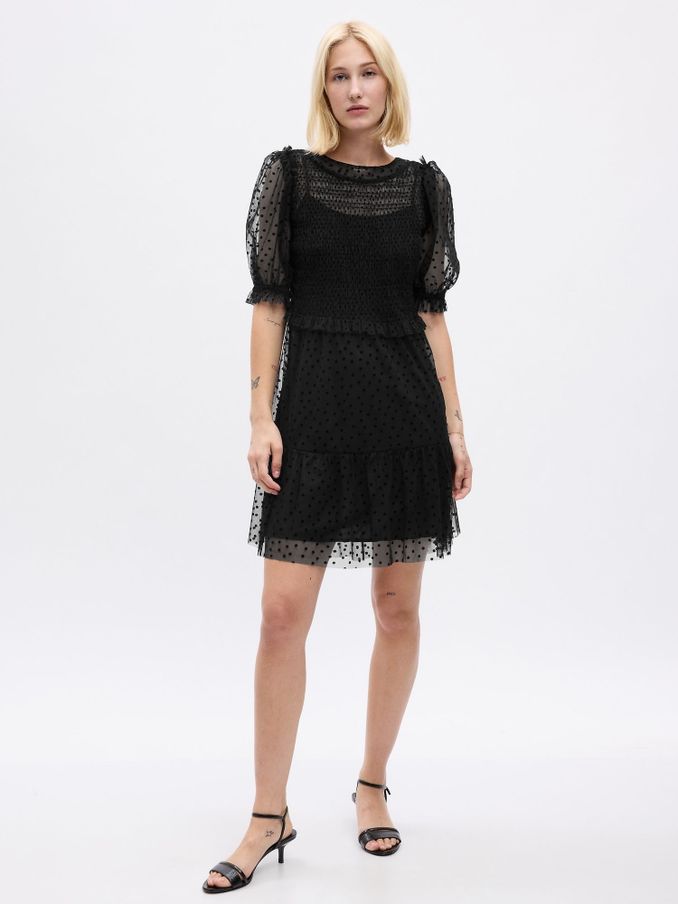 Black Puff Sleeve Mesh Mini Dress (Q68074) | £13