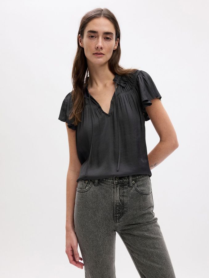 Grey Ruffle Neck Short Sleeve Blouse (Q68087) | £20