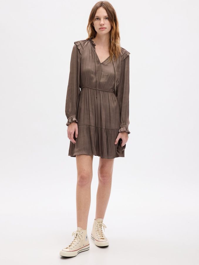 Brown Split Neck Tiered Long Sleeve Mini Dress (Q68127) | £15