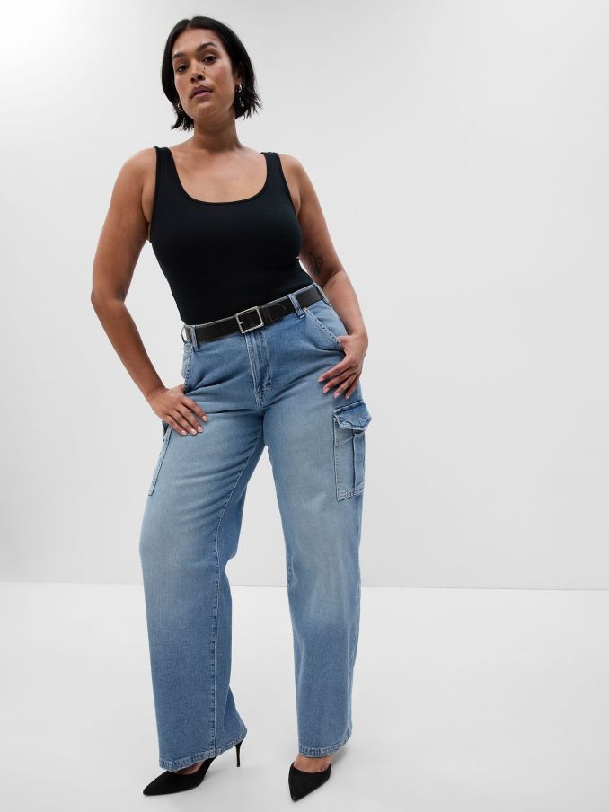 Light Indigo Blue Mid Rise 90s Loose Cargo Jeans (Q68130) | £60