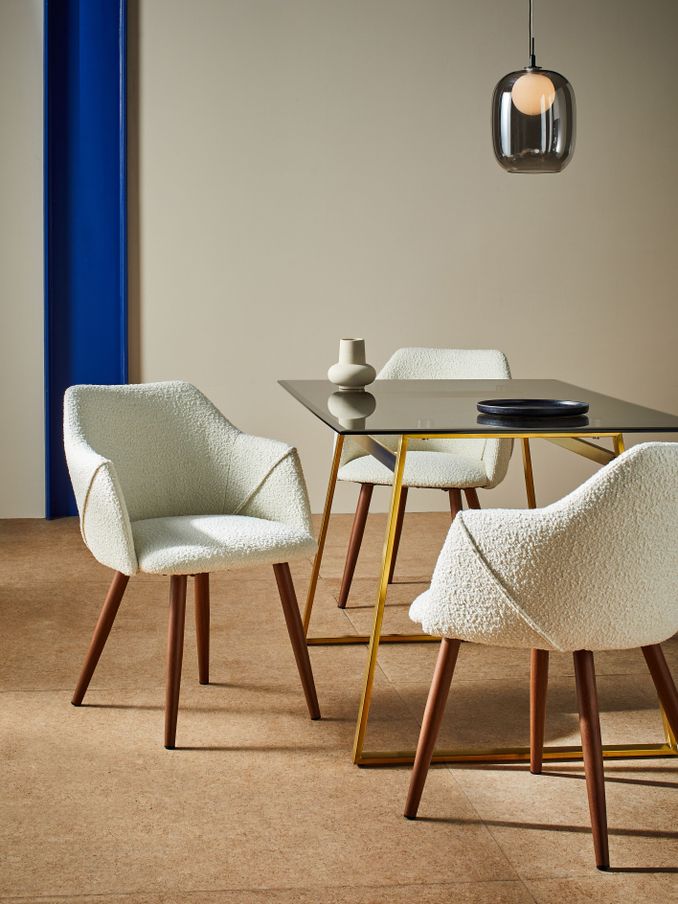 Set of 2 Lule Arm Dining Chairs in White Boucle and Walnut Legs (Q68963) | £329