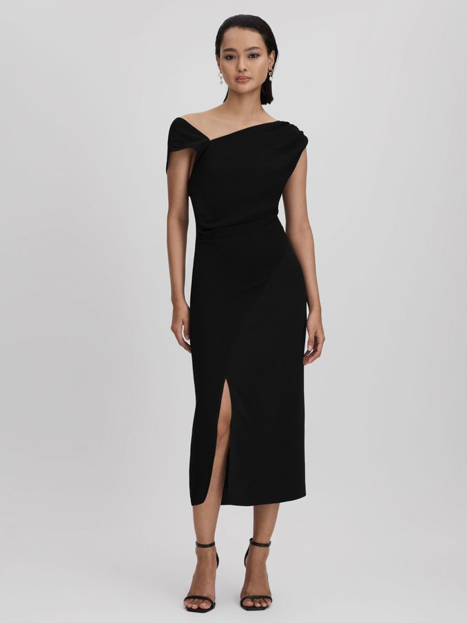 Asymmetric Bodycon Midi Dress in Black (Q69264) | £55