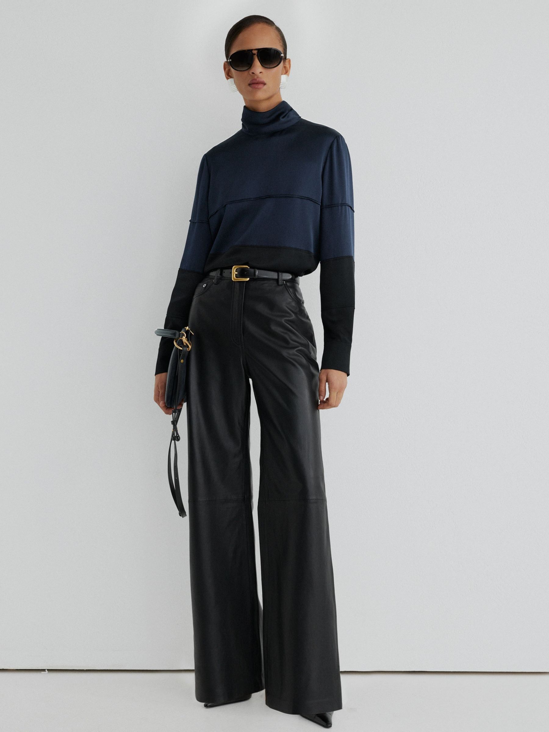 Navy/Black - Atelier Silk Colour-block High-neck Blouse